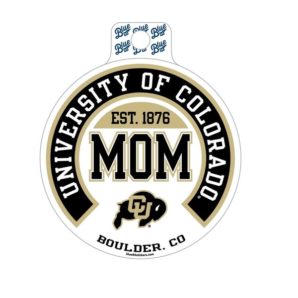Circle sticker with University of Colorado surrounding around "Mom" and "Est. 1876" written above, using vegas gold, black, and white.